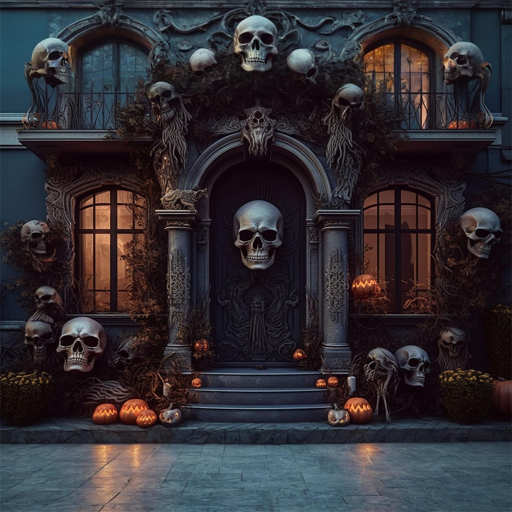 Sfondo Di Halloween Con Teschio E Porta Di Casa Spettrale RR7-462
