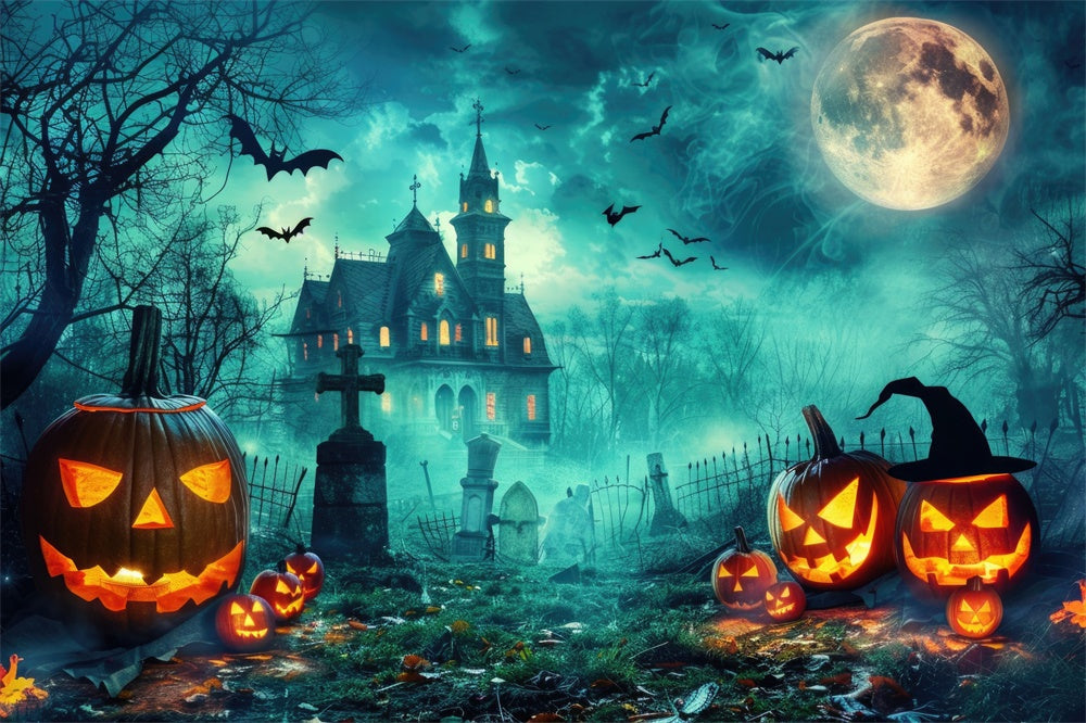 Sfondo Della Luna Di Halloween Del Cimitero Della Casa Fantasma RR7-477
