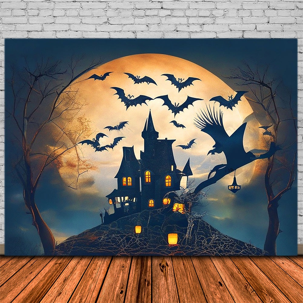 Halloween Luna Piena Castello Pipistrelli Strega Sfondo RR7-479