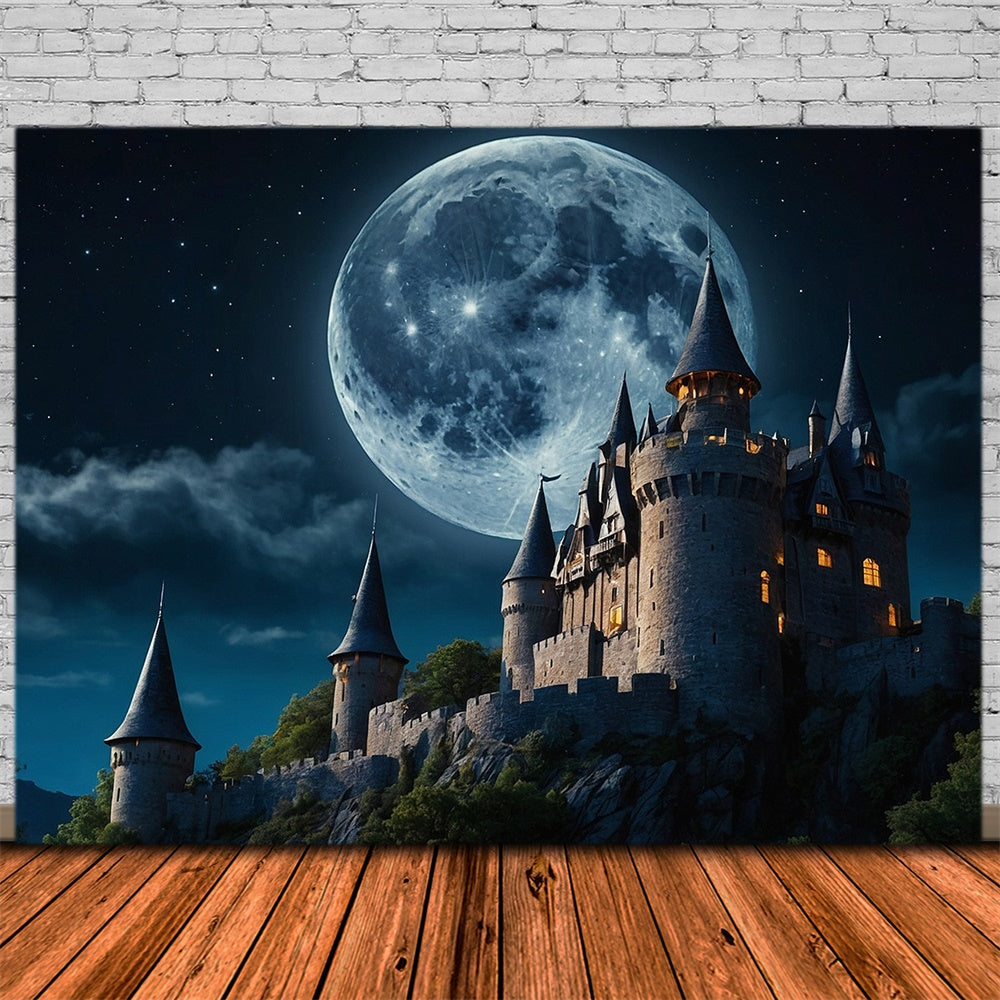 Sfondo Fotografico Con Luna Piena Del Castello Di Halloween RR7-481