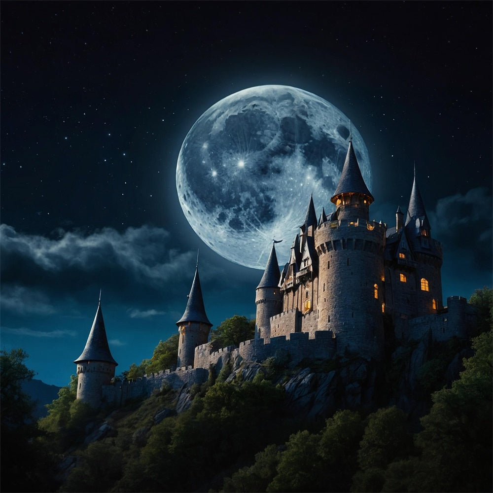 Sfondo Fotografico Con Luna Piena Del Castello Di Halloween RR7-481