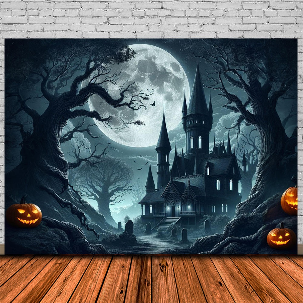 Sfondo Della Luna Piena Del Castello Spettrale Di Halloween RR7-484