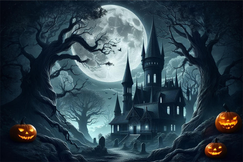 Sfondo Della Luna Piena Del Castello Spettrale Di Halloween RR7-484