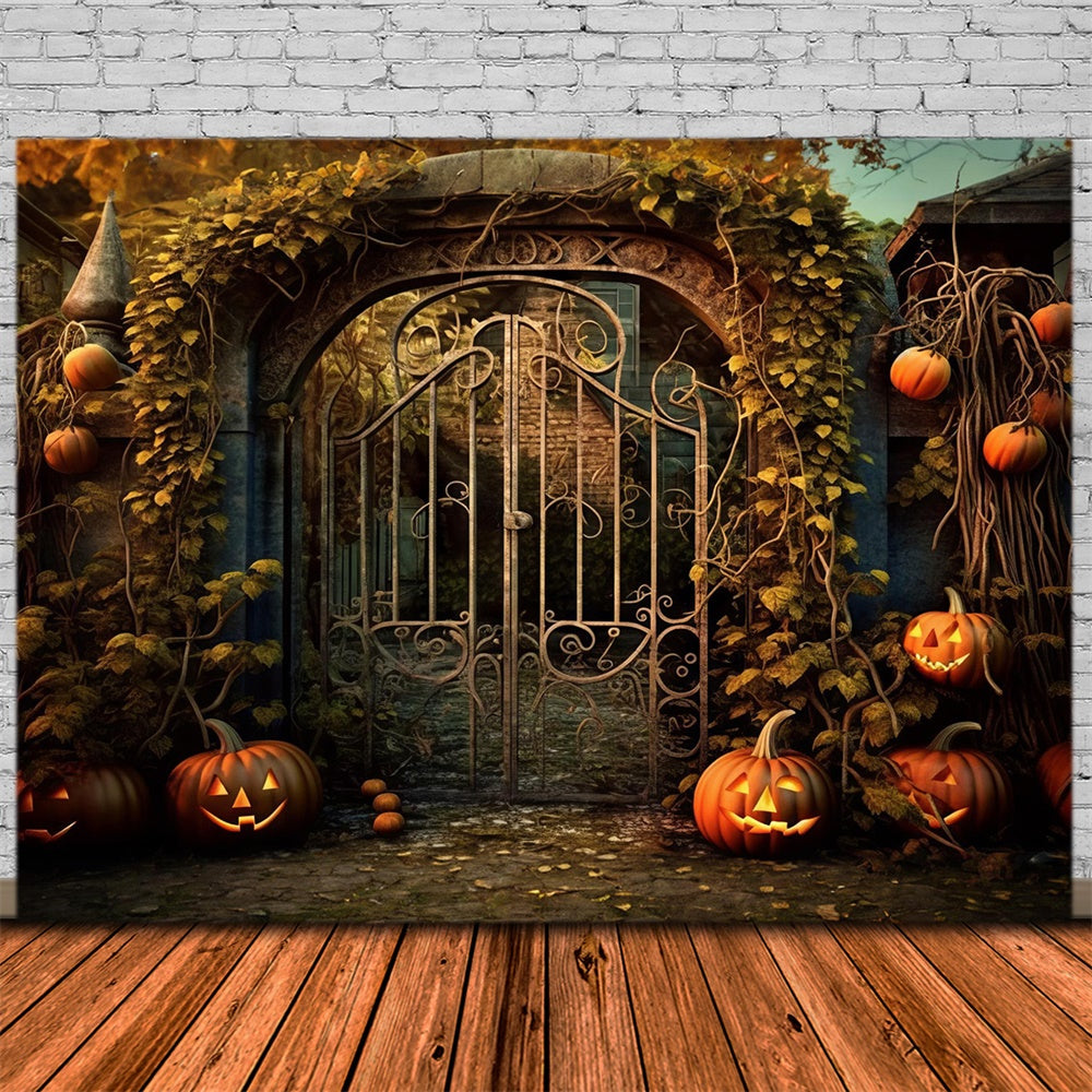 Sfondo Di Viti Di Zucca Con Cancello In Ferro Della Casa Di Halloween RR7-485