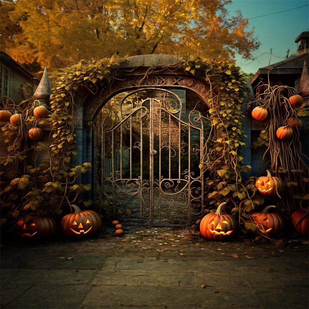 Sfondo Di Viti Di Zucca Con Cancello In Ferro Della Casa Di Halloween RR7-485