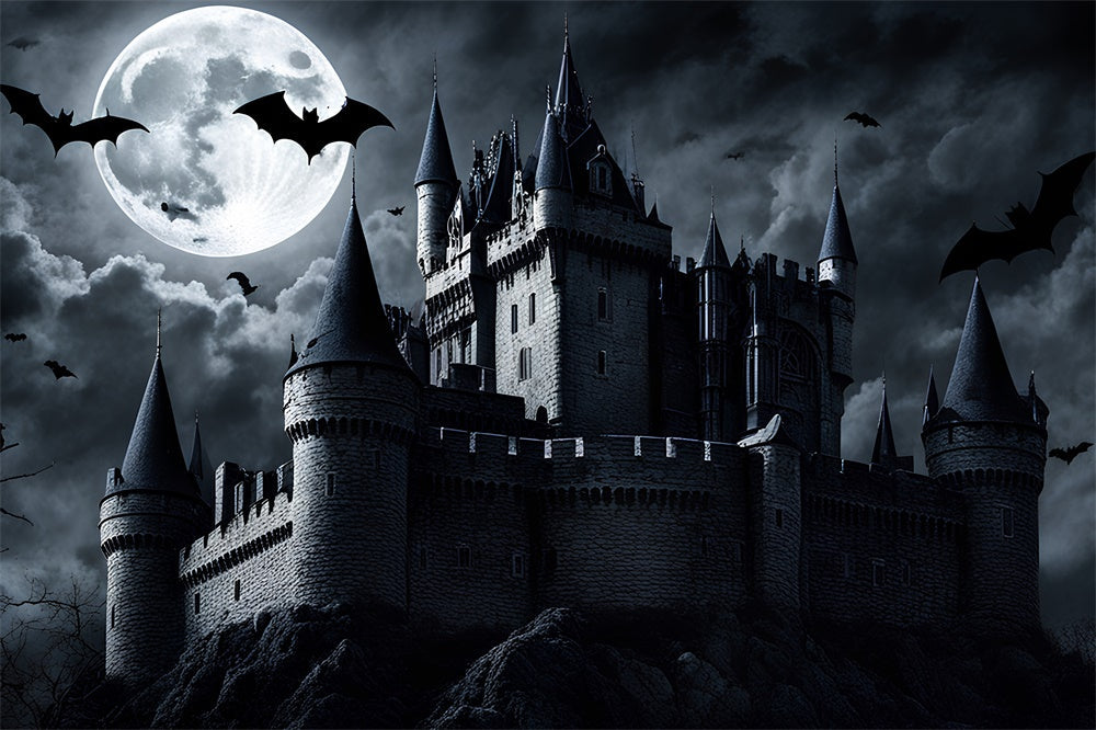 Sfondo Della Luna Piena Di Halloween Del Castello Oscuro RR7-500