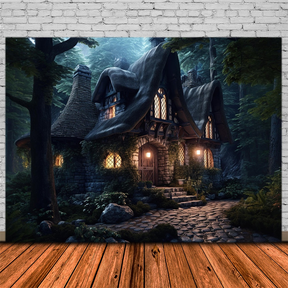 Sfondo Di Halloween Della Casa Di Pietra Della Foresta Spettrale RR7-508