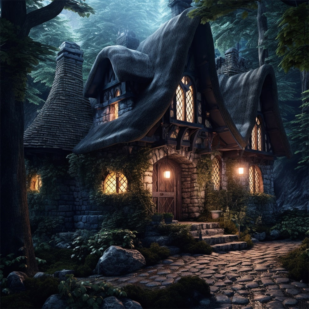 Sfondo Di Halloween Della Casa Di Pietra Della Foresta Spettrale RR7-508