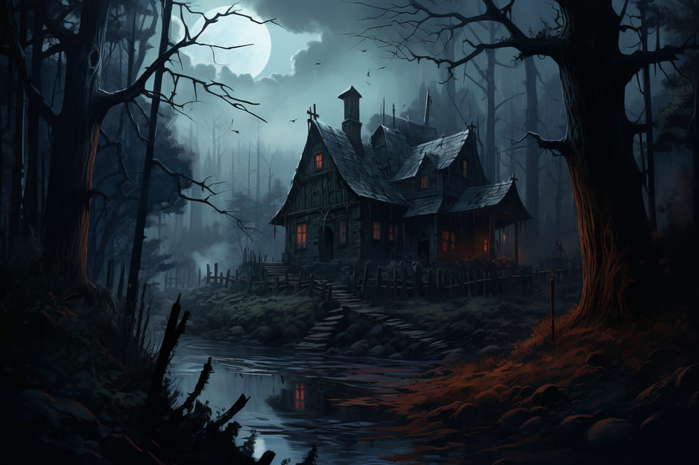 Sfondo Della Casa Spettrale Di Halloween Della Luna E Della Notte RR7-51