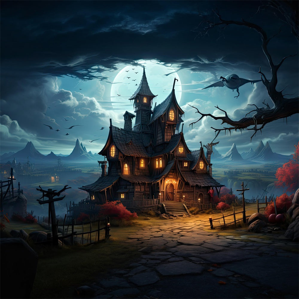 Sfondo Della Casa Stregata Di Halloween Nella Notte Di Luna Piena RR7-510
