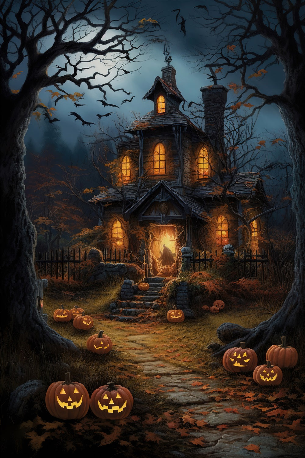 Sfondo Della Casa Spettrale Del Bosco Notturno Di Halloween RR7-517