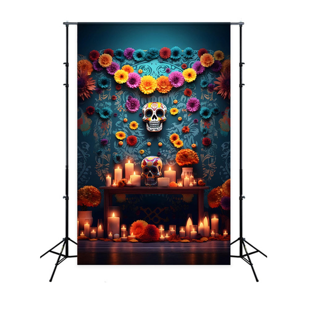 Sfondo Di Candela Da Muro Di Fiori Con Teschio Spaventoso Di Halloween RR7-520