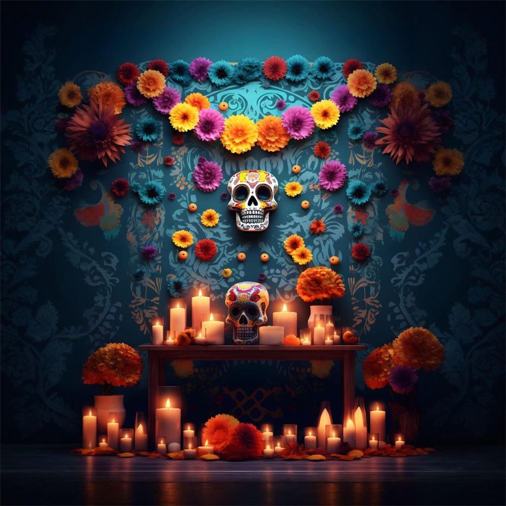 Sfondo Di Candela Da Muro Di Fiori Con Teschio Spaventoso Di Halloween RR7-520