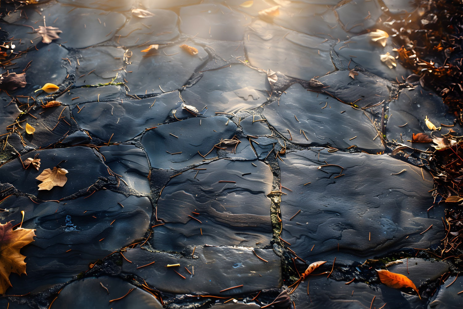 Sfondo Soleggiato Del Pavimento Delle Foglie Autunnali Del Percorso Dell'Ardesia RR7-523