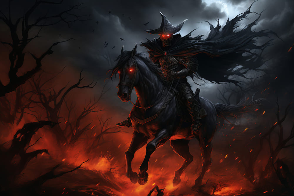 Cavaliere A Cavallo In Fiamme Sfondo Di Halloween RR7-54