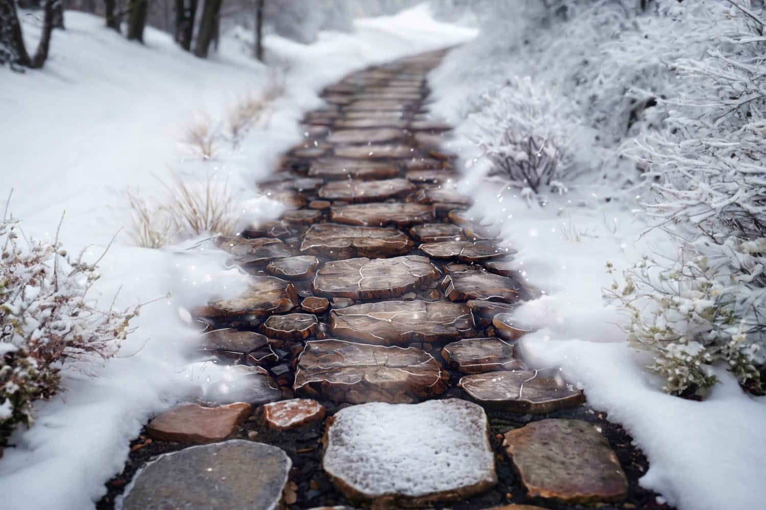 Sfondo Del Pavimento Del Sentiero Di Montagna Con Vegetazione Innevata RR7-547