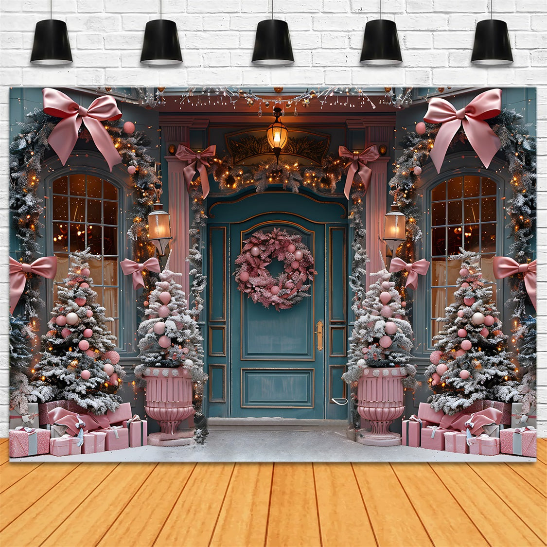 Sfondo Natalizio Elegante Con Fiocco Rosa Per Decorazioni Per Porte RR7-566