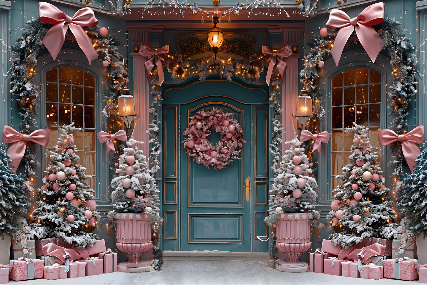 Sfondo Natalizio Elegante Con Fiocco Rosa Per Decorazioni Per Porte RR7-566