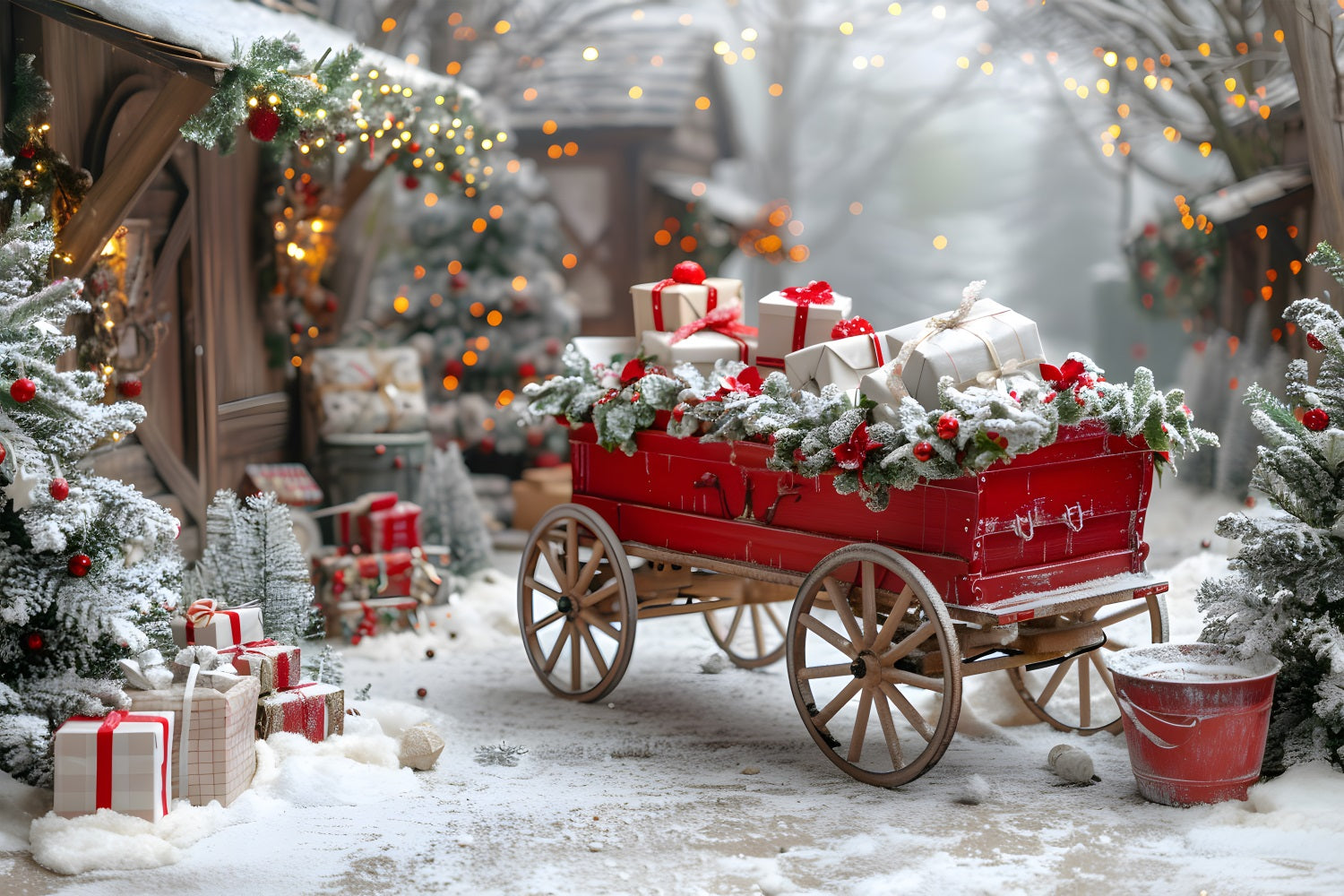 Sfondo Del Villaggio Del Carrello Regalo Festivo Di Natale RR7-595