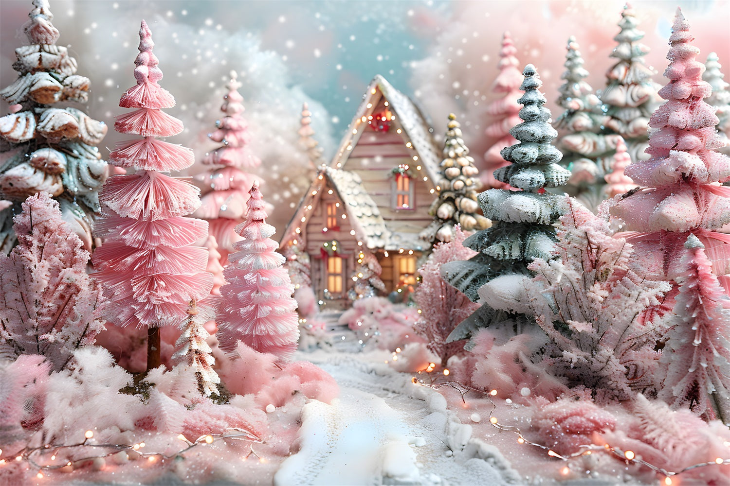 Sfondo Di Cottage Fantasy Rosa Foresta Natalizia RR7-600