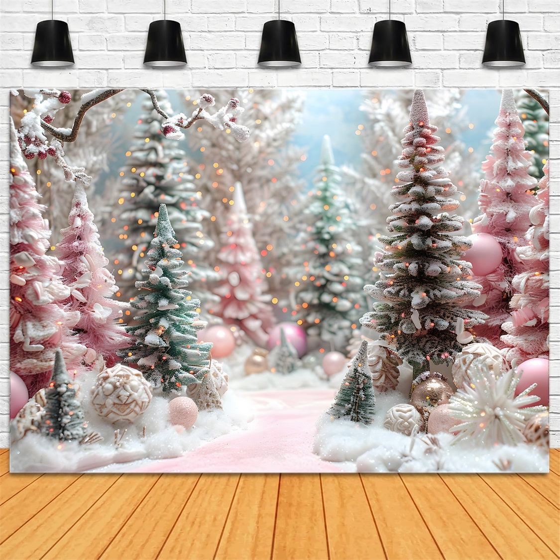 Sfondo Di Alberi Decorati Con Foresta Rosa Di Natale RR7-601