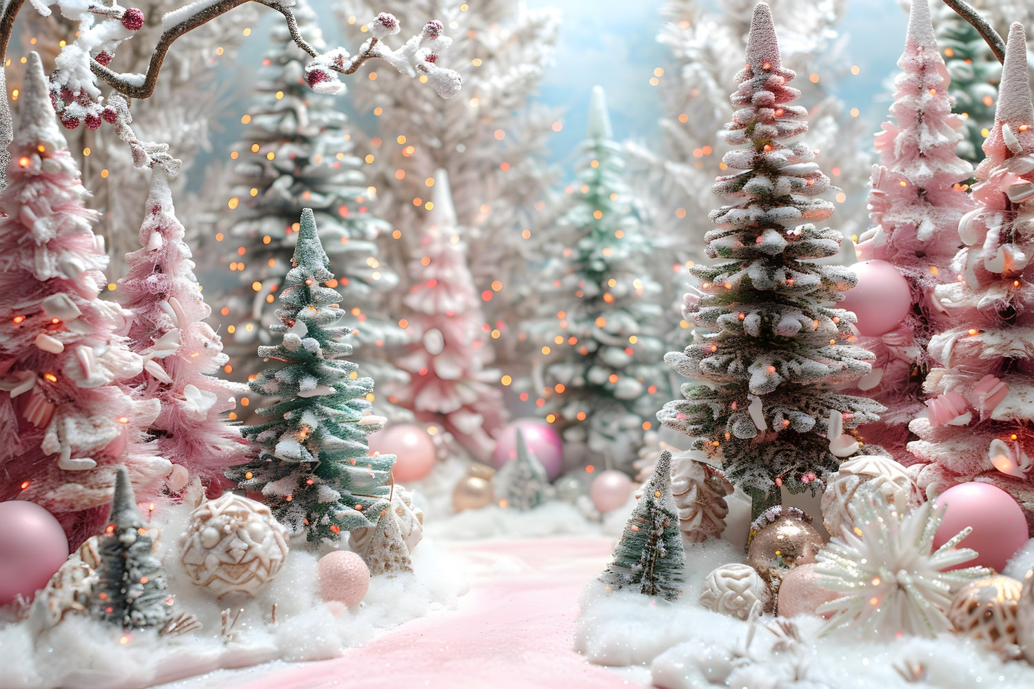Sfondo Di Alberi Decorati Con Foresta Rosa Di Natale RR7-601