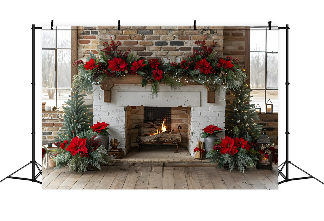 Sfondo Di Ghirlanda Di Natale Con Camino Poinsettia RR7-624