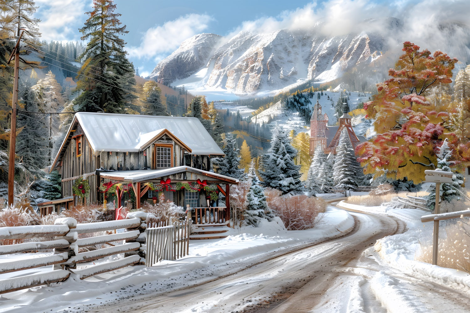 Sfondo Di Decorazioni Per Baite Di Montagna Innevate Di Natale RR7-640