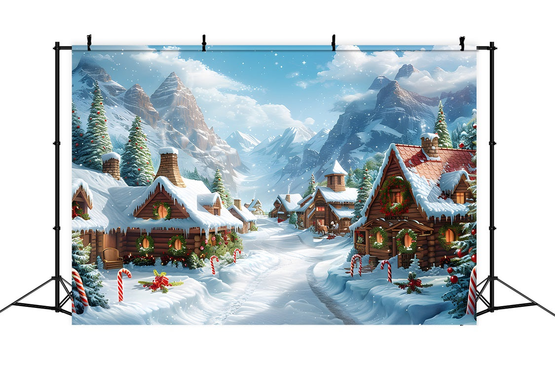 Sfondo Di Casette Di Legno Festive Del Villaggio Alpino Di Natale RR7-641