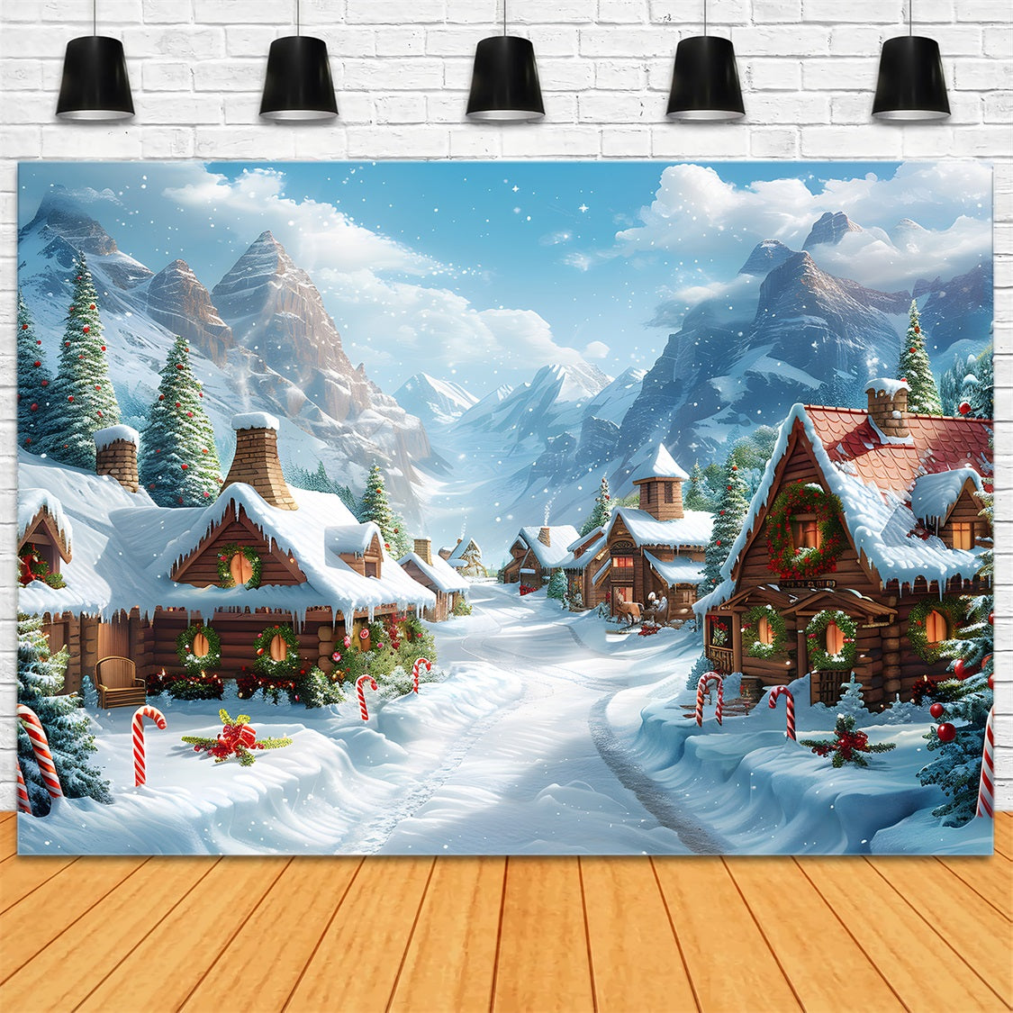 Sfondo Di Casette Di Legno Festive Del Villaggio Alpino Di Natale RR7-641