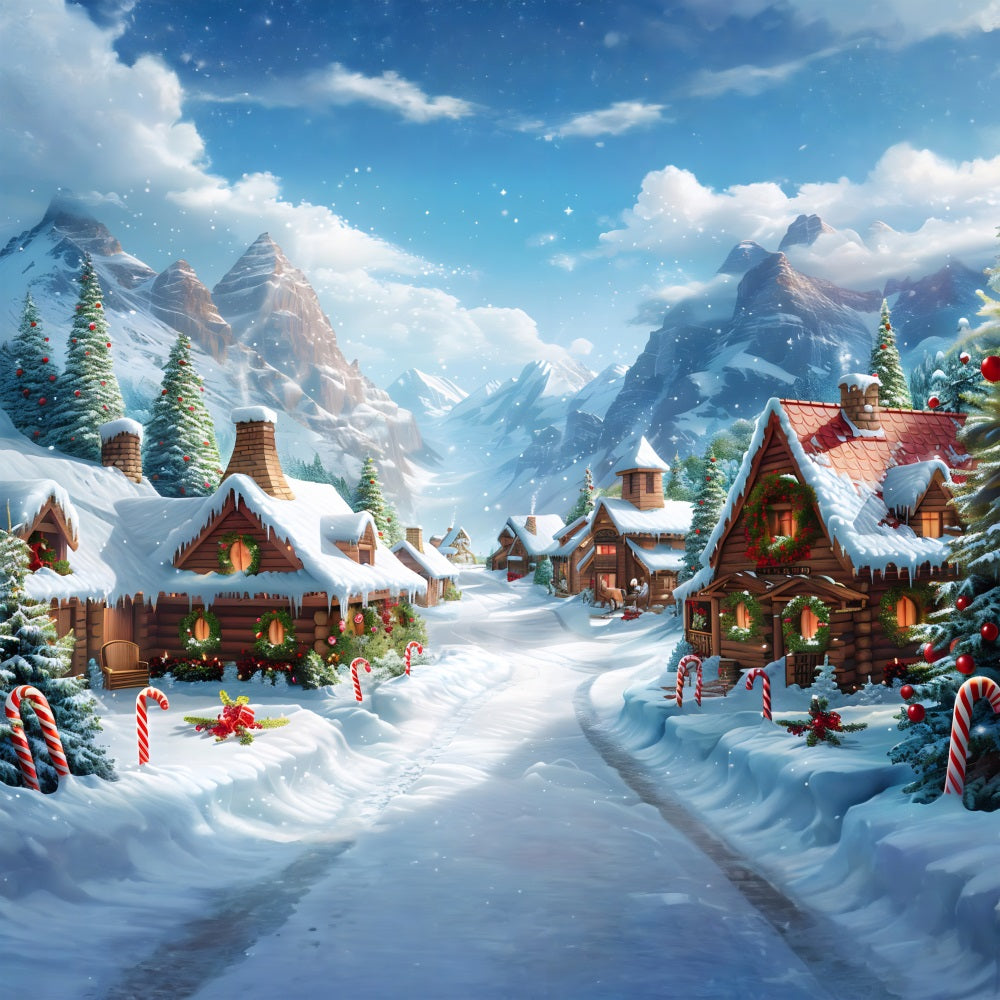 Sfondo Di Casette Di Legno Festive Del Villaggio Alpino Di Natale RR7-641