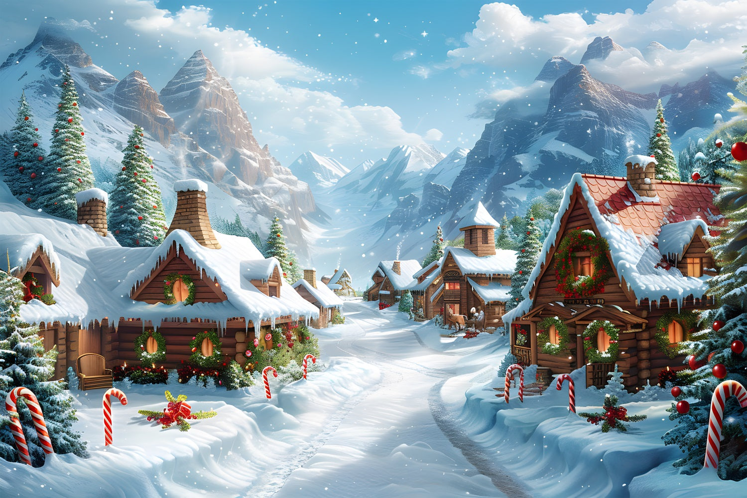 Sfondo Di Casette Di Legno Festive Del Villaggio Alpino Di Natale RR7-641