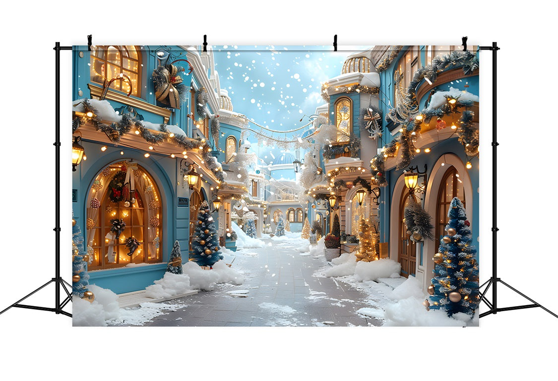 Sfondo Di Decorazioni Innevate Del Villaggio Blu Di Natale RR7-646
