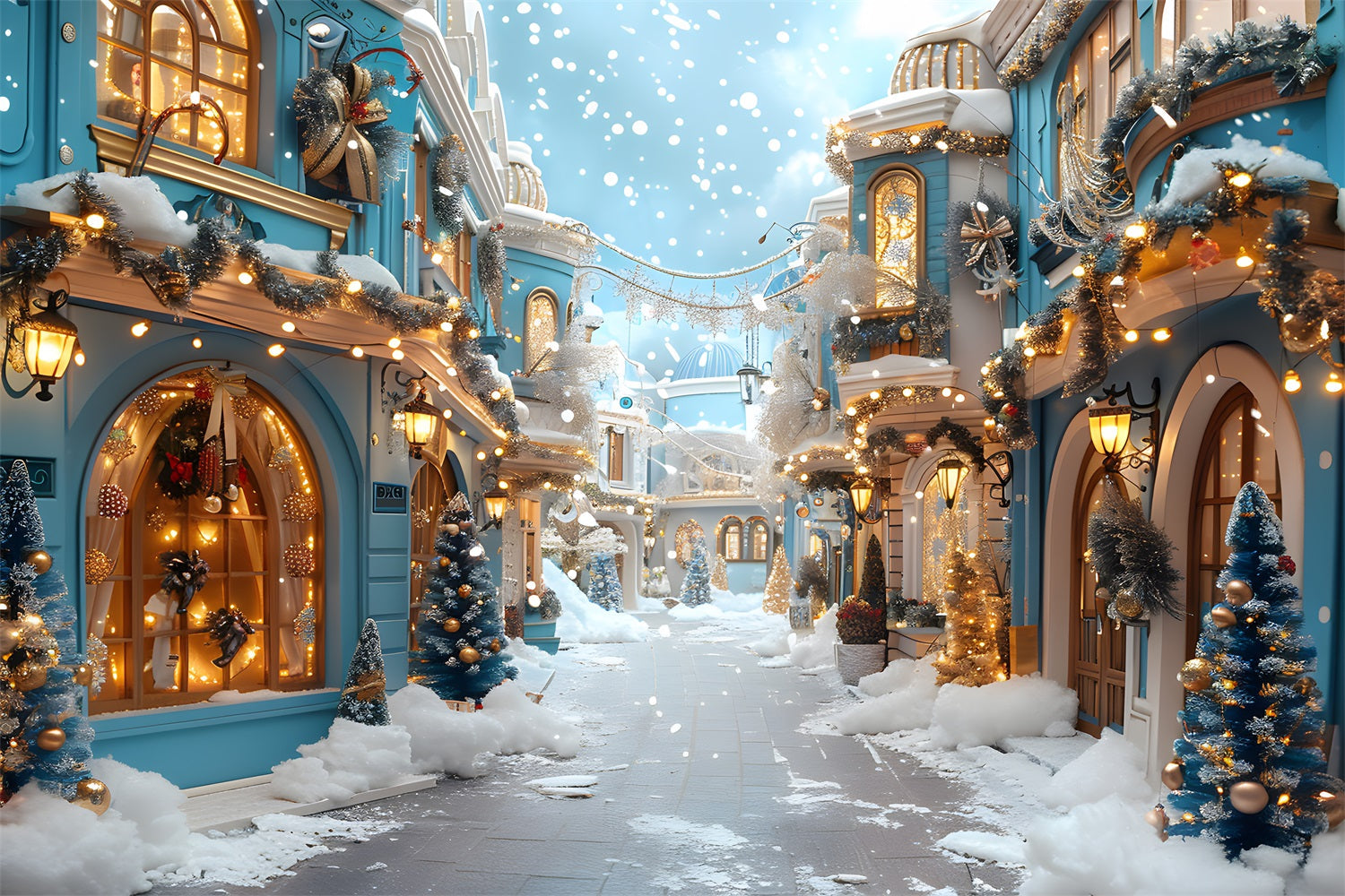 Sfondo Di Decorazioni Innevate Del Villaggio Blu Di Natale RR7-646