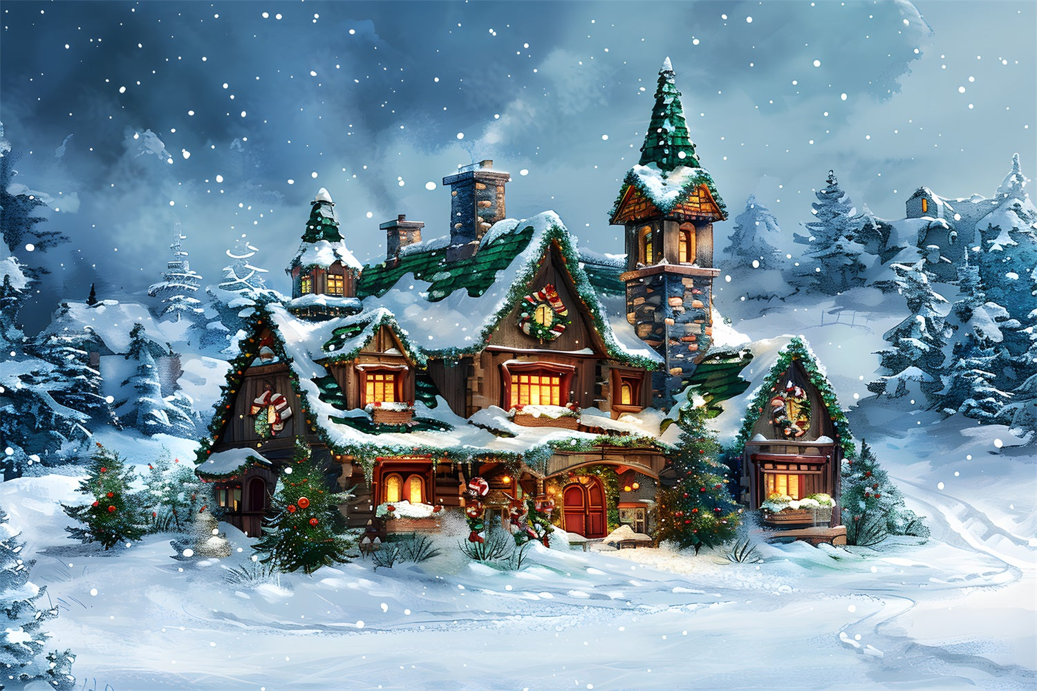 Sfondo Della Foresta Innevata Del Cottage Delle Fiabe Di Natale RR7-651