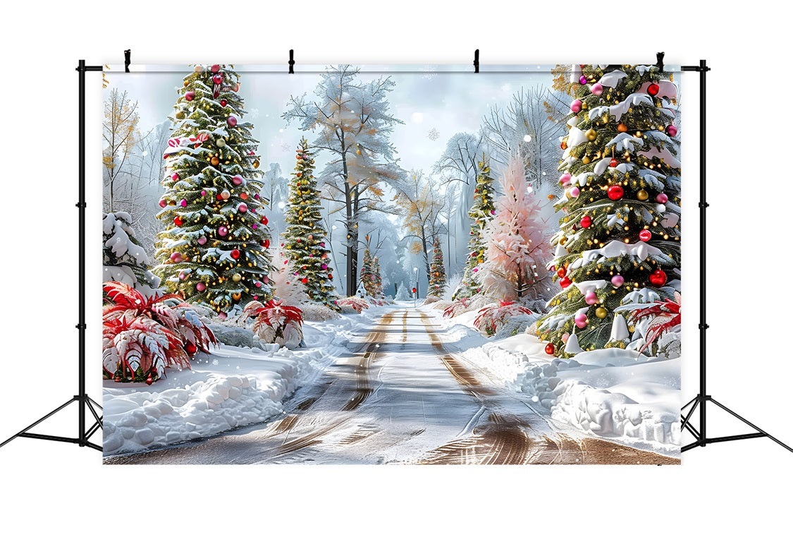 Sfondo Di Alberi Decorati Con Sentiero Nel Bosco Di Natale RR7-652