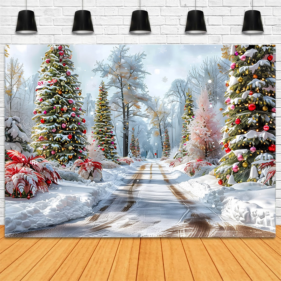 Sfondo Di Alberi Decorati Con Sentiero Nel Bosco Di Natale RR7-652