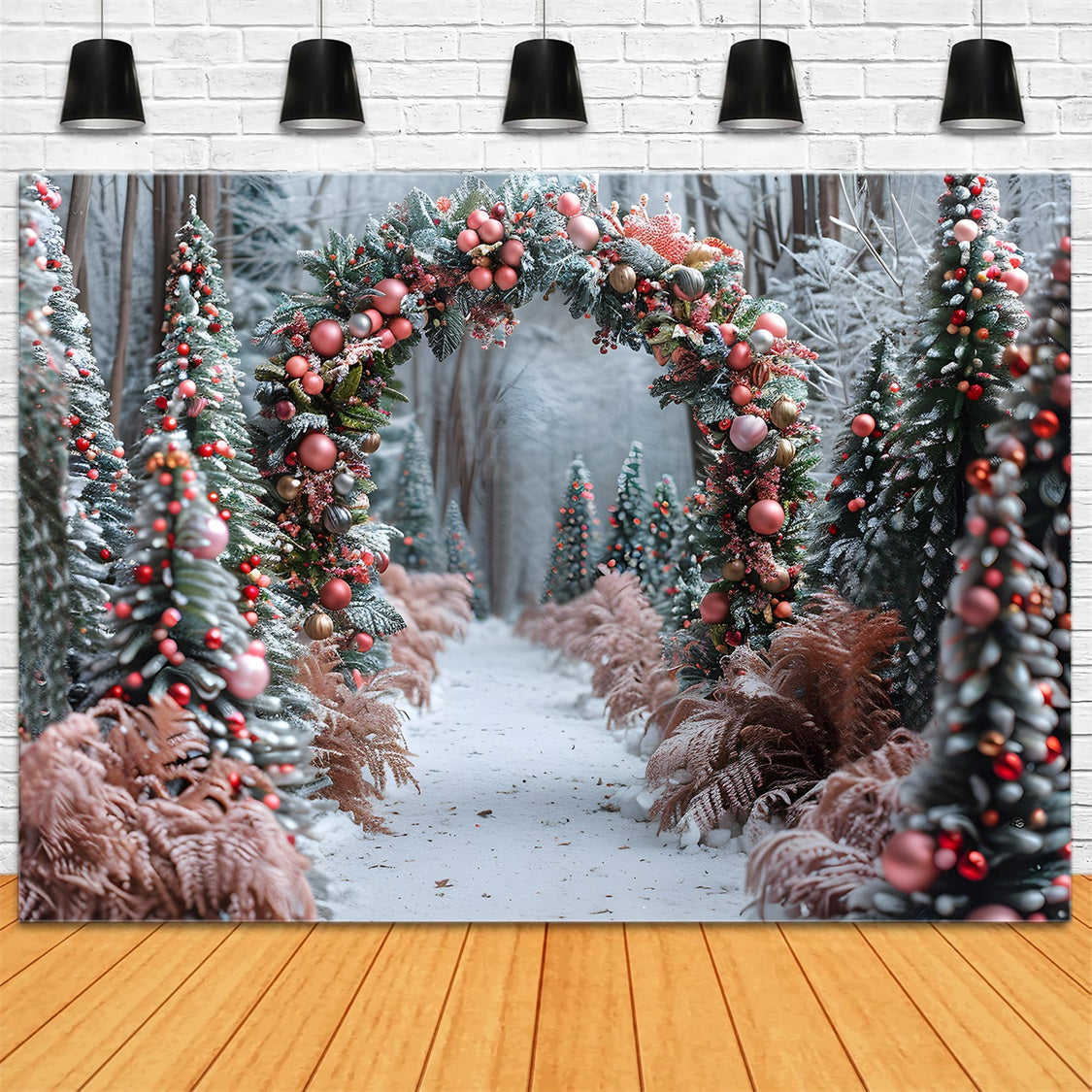 Sfondo Natalizio Con Ornamento In Oro Rosa E Foresta RR7-653