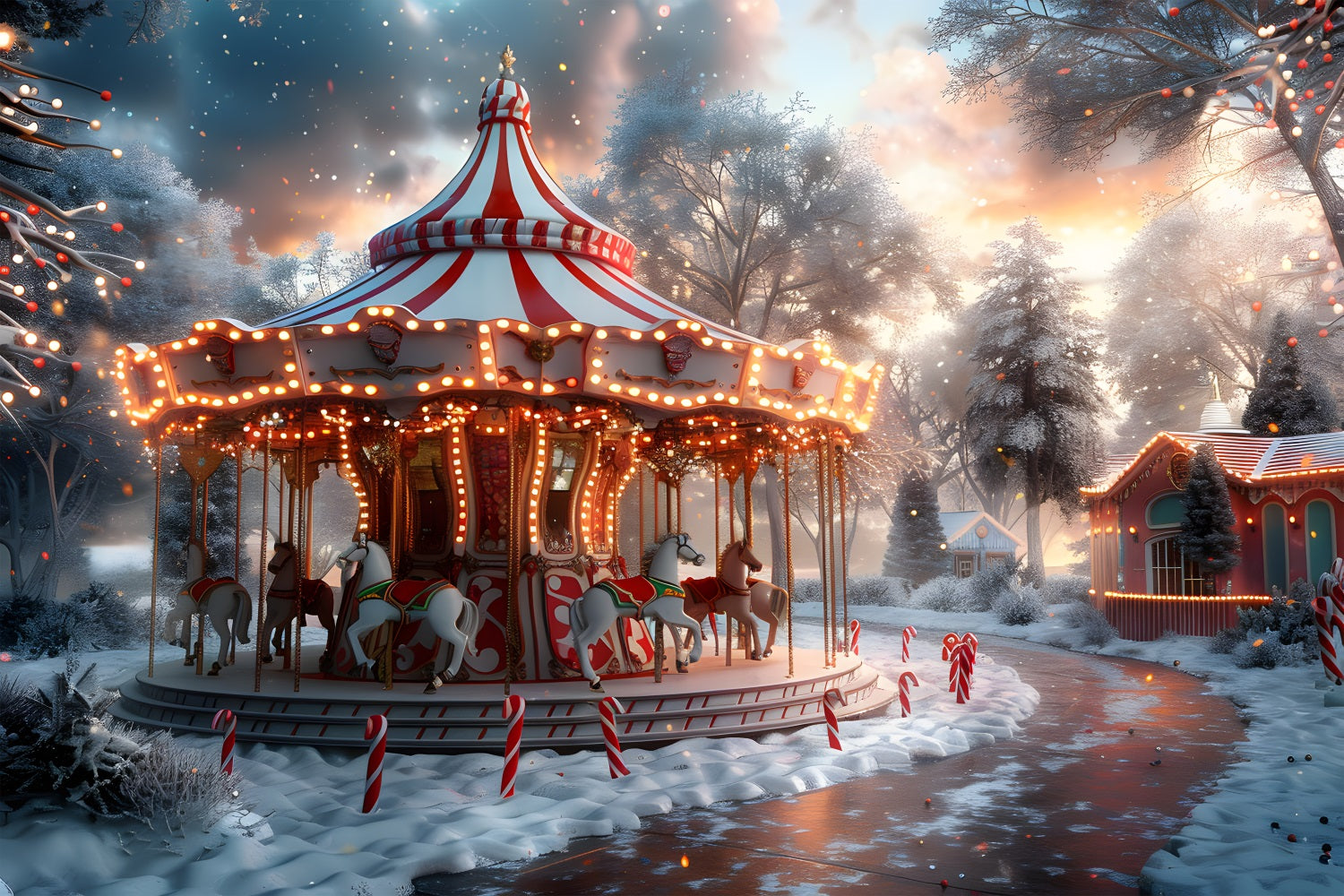 Sfondo Di Natale Carousel Crepuscolo Winter Wonderland RR7-675