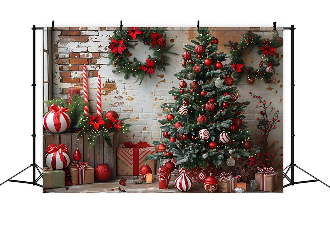 Sfondo Di Decorazioni Bianche Rosse Del Muro Di Mattoni Di Natale RR7-676