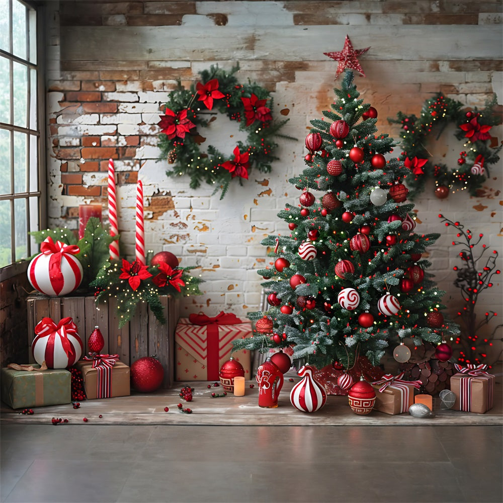 Sfondo Di Decorazioni Bianche Rosse Del Muro Di Mattoni Di Natale RR7-676