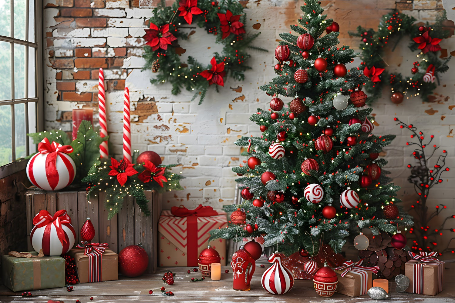 Sfondo Di Decorazioni Bianche Rosse Del Muro Di Mattoni Di Natale RR7-676