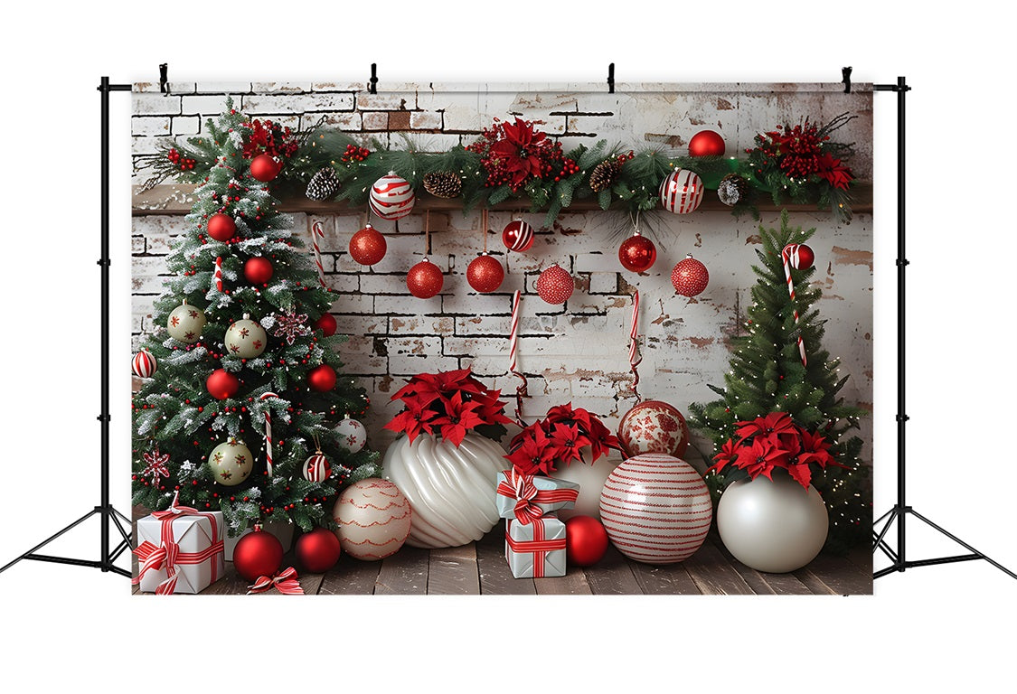 Sfondo Di Decorazioni Natalizie In Bianco E Rosso Con Muro Di Mattoni Rustico RR7-677