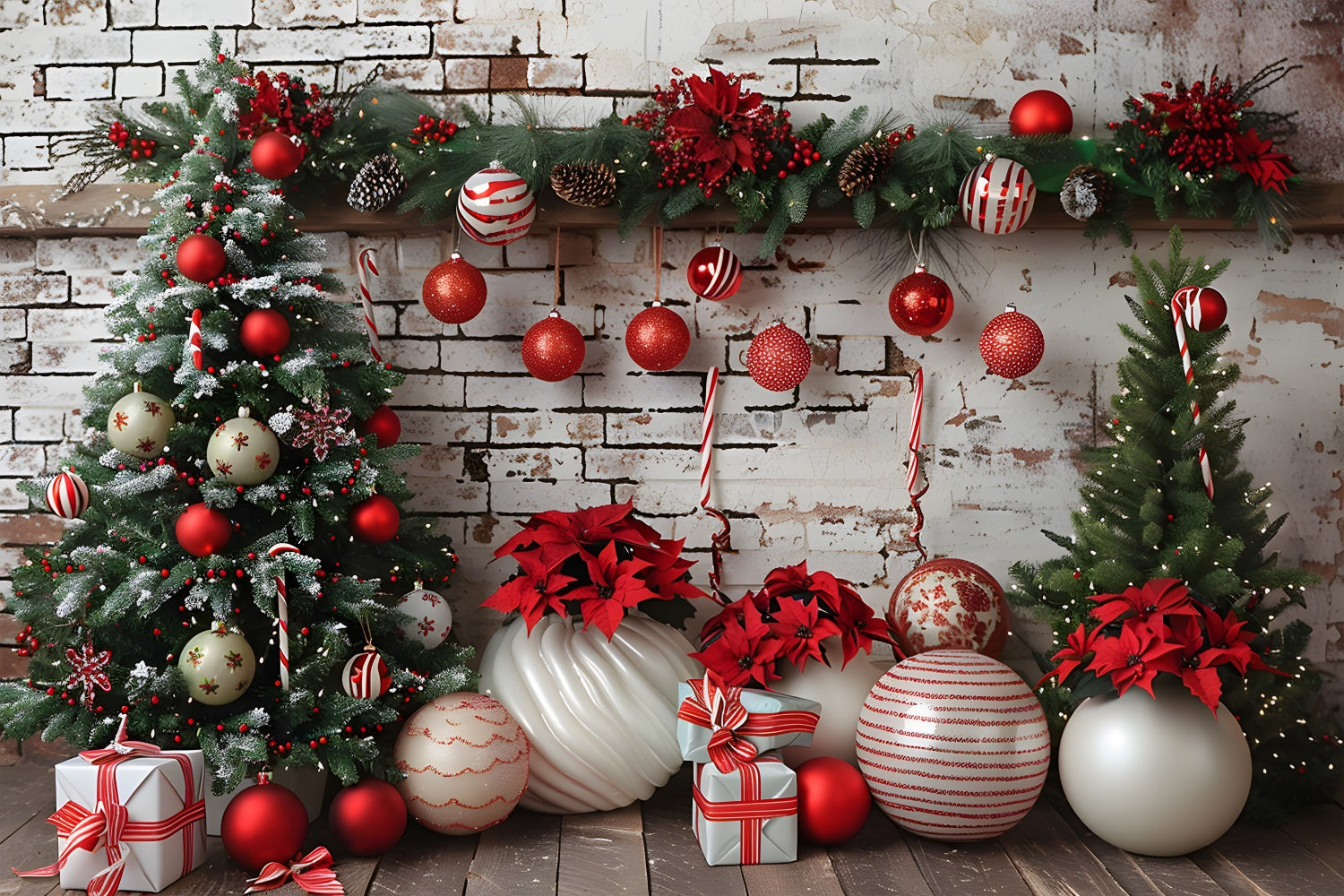 Sfondo Di Decorazioni Natalizie In Bianco E Rosso Con Muro Di Mattoni Rustico RR7-677