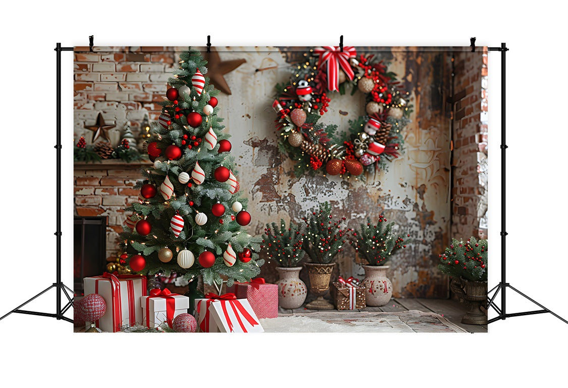 Sfondo Di Ornamenti Rustici Di Natale Accogliente Muro Di Mattoni RR7-678
