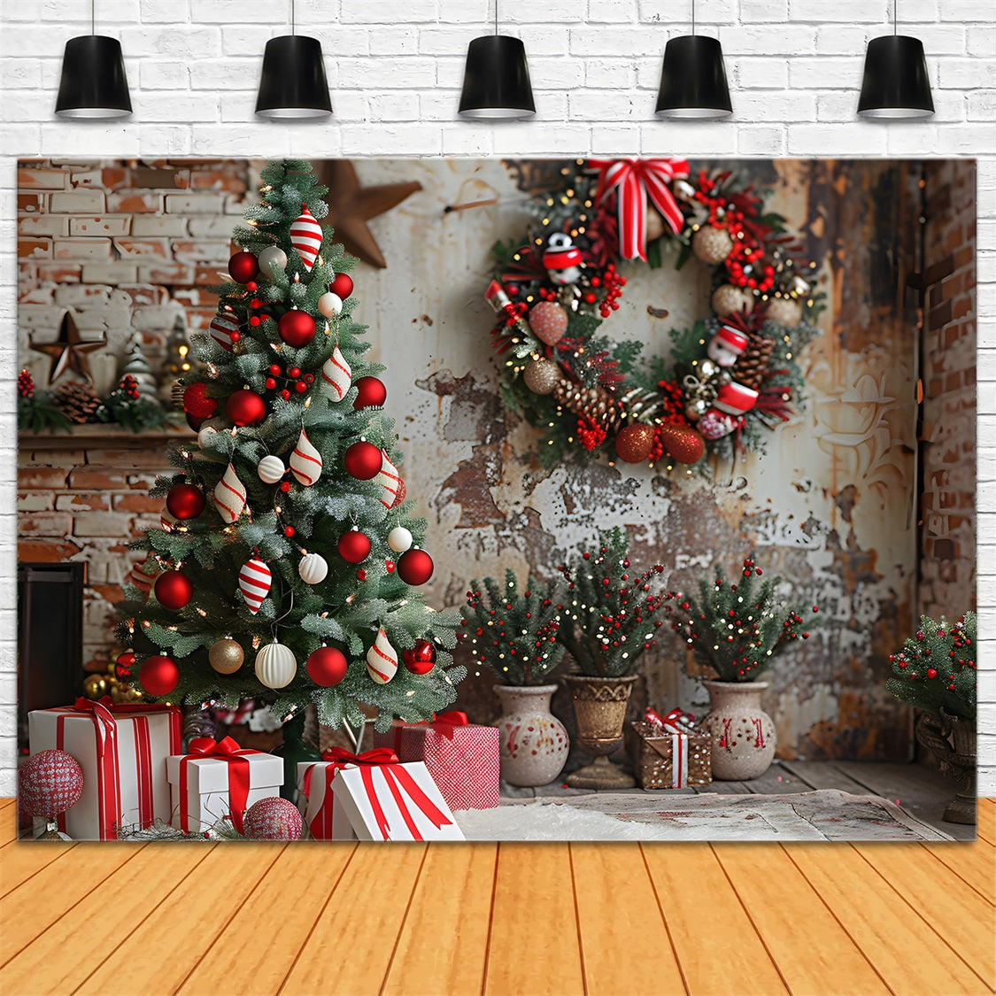 Sfondo Di Ornamenti Rustici Di Natale Accogliente Muro Di Mattoni RR7-678