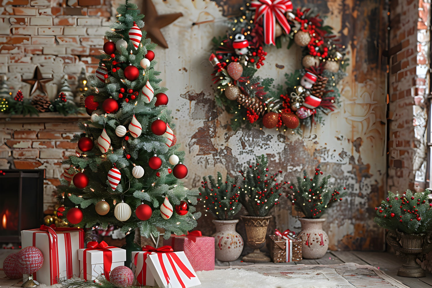 Sfondo Di Ornamenti Rustici Di Natale Accogliente Muro Di Mattoni RR7-678