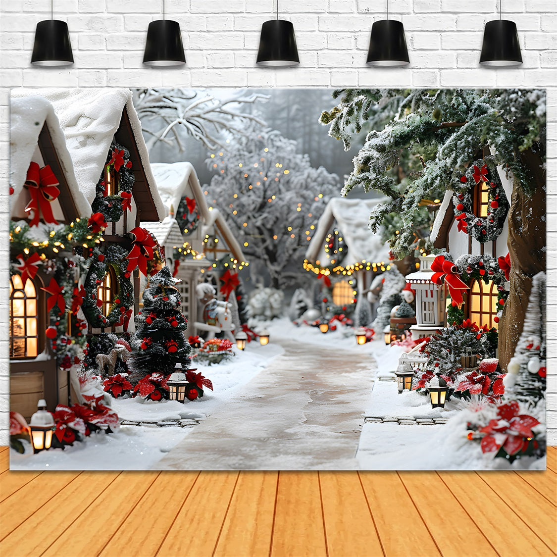 Sfondo Di Decorazioni Con Fiocco Per Villaggio Incantato Di Natale RR7-679