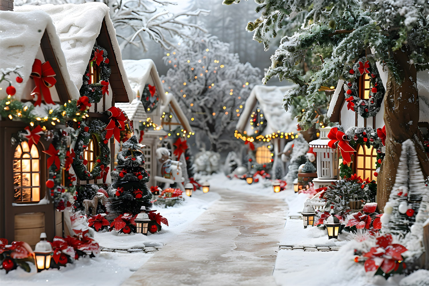 Sfondo Di Decorazioni Con Fiocco Per Villaggio Incantato Di Natale RR7-679