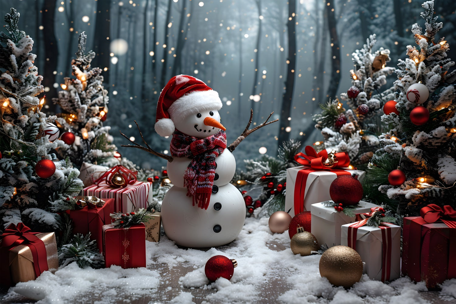 Sfondo Di Alberi Regali Pupazzo Di Neve Di Natale RR7-684
